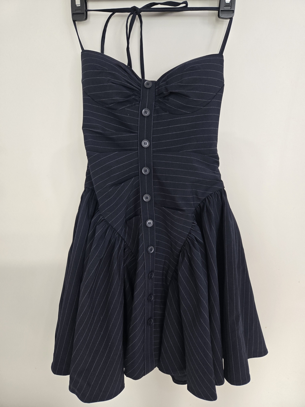 Miss Circle Navy Blue Pinstripe Halter Drop Waist Mini Dress XS